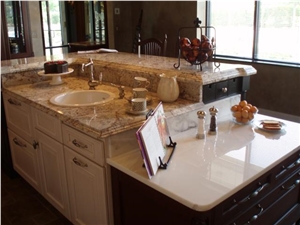 White Spring Granite Kitchen with Farm Sink, Spring White Granite Kitchen Countertops