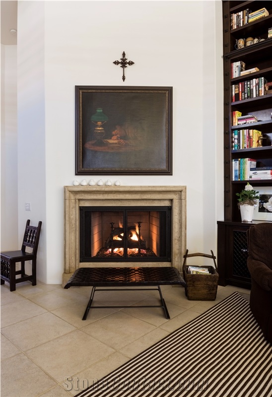 Seashell Beige Limestone Fireplace Mantel