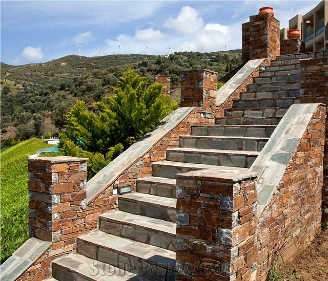Karystos Brown Slate Deck Stairs, Stair Posts