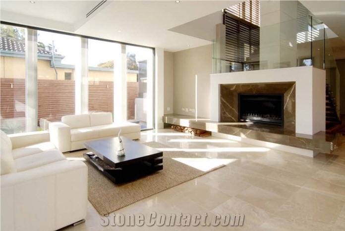 Olive Brown Marble and Ivory Limestone Fireplace Hearth