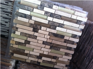 Brown Marble + Beige Travertine Mixed Linear Strip Mosaic,Natural Stone + Glass Strip Mosaic