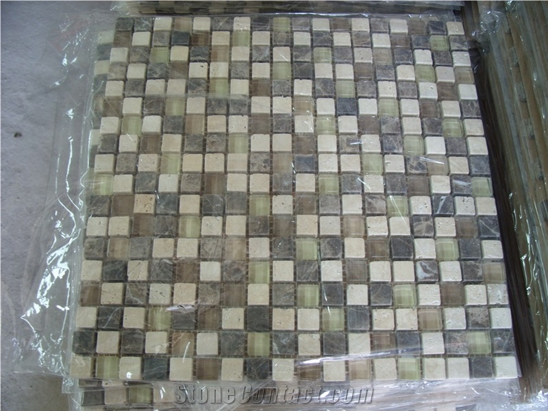 Grey Marble Mix Beige Travertine Glass Mosaic
