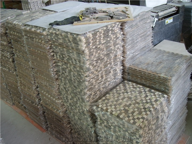 Grey Marble Mix Beige Travertine Glass Mosaic