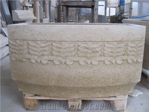 Travertine Carved Solid Bath Tub, Top Beige Travertine Bath Tub