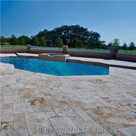 Caramel Travertine French Pattern Pool Deck Pavers, Caramel Beige Travertine Pool Deck
