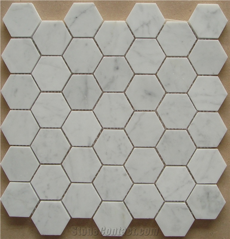 Carrara White Marble Hexagon Mosaic Tiles, Bianco Carrara Primavera White Marble