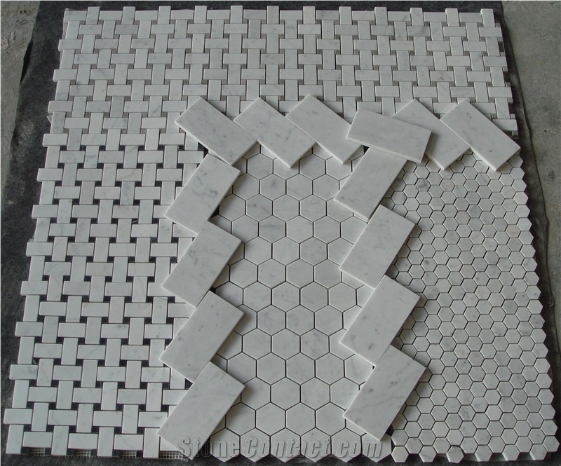 Carrara White Marble Hexagon Mosaic Tiles, Bianco Carrara Primavera White Marble