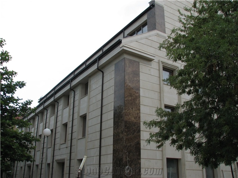 Dark Emperador Marble and Vratsa Doro Limestone Facade, Castanho Imperador Escuro Brown Marble Facade