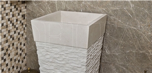 Crema Bello Limestone Bukhara Pedestal Basin, Crema Bello White Limestone Pedestal Basin