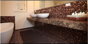Bathroom in Marron Emperador Marble Vanity Top, Glass Mosaic Wall Tiles, Dark Emperador Brown Marble Bath Design