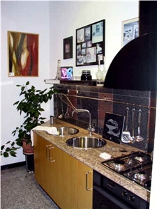 Giallo Veneziano Granite Countertop, Multicolor Red, Nero Impala Backsplash