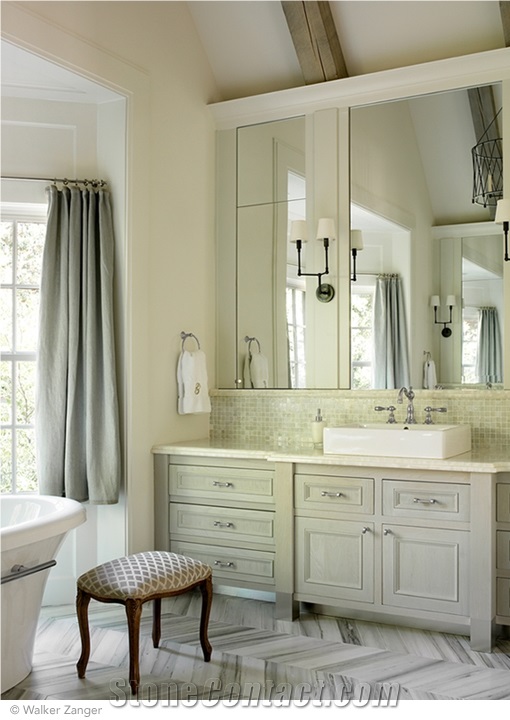 Chevron Field in Silver Dusk with Vintage Glass Mosaic in Onyx Backsplash