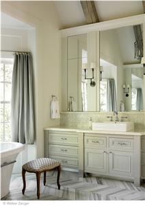 Chevron Field in Silver Dusk with Vintage Glass Mosaic in Onyx Backsplash