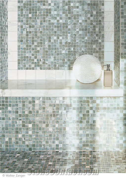 Zinc Matte Glass Mosaic with Calacata Michelangelo Marble and Paradigm Calacata 4 X 16