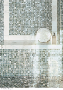 Zinc Matte Glass Mosaic with Calacata Michelangelo Marble and Paradigm Calacata 4 X 16