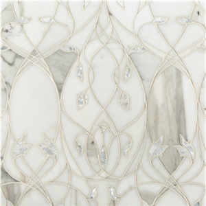 Elysium Garden Calacatta Gold Marble with White Rivershell Leaves Elysium Garden Calacatta Gold Marble with White Rivershell Leaves