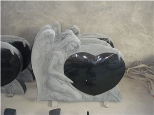 Shanxi Black Granite Tombstone with Carved Angel, Absolute Black Granite Tombstone