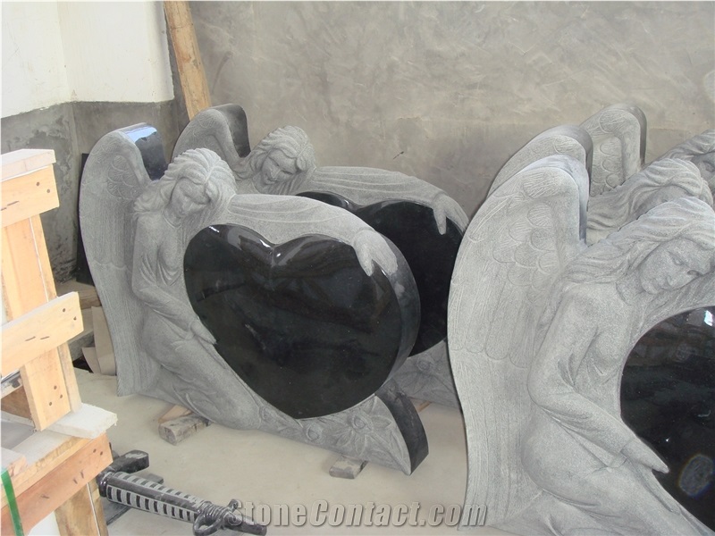 Shanxi Black Granite Tombstone with Carved Angel, Absolute Black Granite Tombstone
