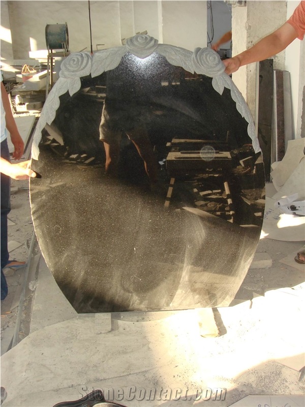 Shanxi Black Granite Tombstone with Carved Rose, Absolute Black Granite Tombstone