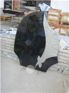 Shanxi Black Granite Tombstone with Carved Rose, Absolute Black Granite Tombstone