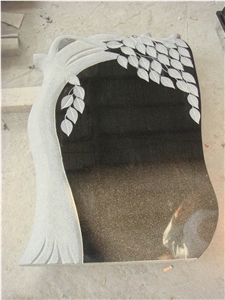 Shanxi Black Granite Tombstone with Carved Tree, Absolute Black Granite Tombstone