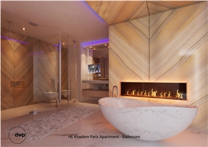 Onice Tigrato Bathroom Wall, Bianco Spino Marble Floors and Bath Tub