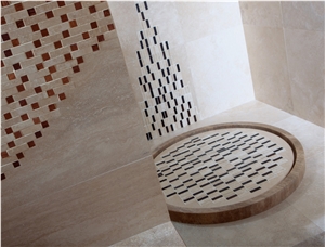 Orange Travertine, Travertino Toscano Rosato with Glass Mosaic Bathroom Design