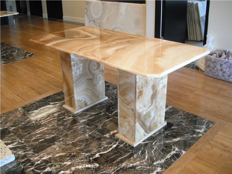 Onice Arancio Table, Grigio Carnico Marble Floor Tiles