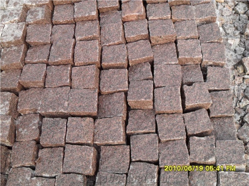 G354 Red Granite Split Cube Cobble Stone