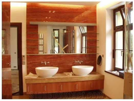 Bathroom Design Travertino Rosso and Noche Dark Travertine, Azarshahr Red Travertine Bathroom Design