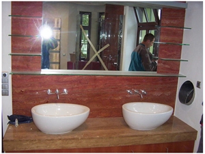 Bathroom Design Travertino Rosso and Noche Dark Travertine, Azarshahr Red Travertine Bathroom Design
