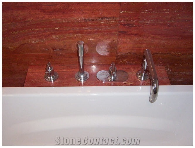 Bathroom Design Travertino Rosso and Noche Dark Travertine, Azarshahr Red Travertine Bathroom Design