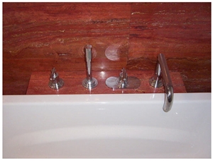 Bathroom Design Travertino Rosso and Noche Dark Travertine, Azarshahr Red Travertine Bathroom Design