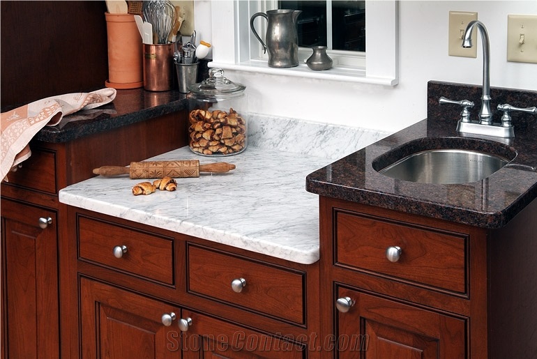 Bianco Carrara Unito C Marble Pastry Center, Dakota Crazy Horse Granite Countertops