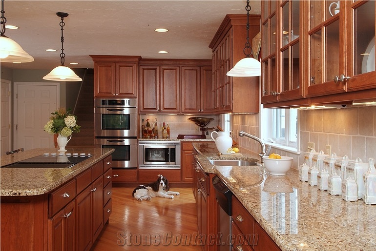 Polished New Venetian Gold Granite Countertop, Cooktop in Raised Bar