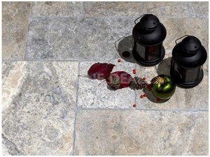 Silver Travertine Tumbled French Pattern Slabs & Tiles, Turkey Grey Travertine