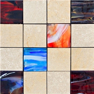 Malta Stone Mosaic with Glass, Malta Stone Beige Limestone Mosaic