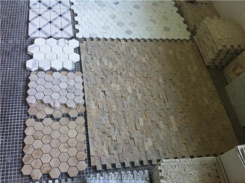 Mosaic 15, Beige Limestone Mosaic, Basketweave Mosaic Tiles,Split Face Mosaic