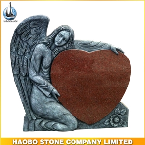 China Factory Direct Hand Carved Angel with Heart Monuments, Indian Red Granite Polished Headstone with Base