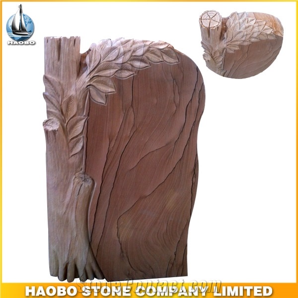 China Factory Direct Rainbow Sandstone Tree Style Carving Memorials, Red Sandstone Monuments, Headstone