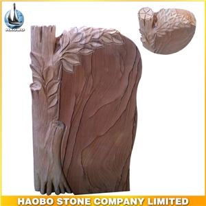 China Factory Direct Rainbow Sandstone Tree Style Carving Memorials, Red Sandstone Monuments, Headstone