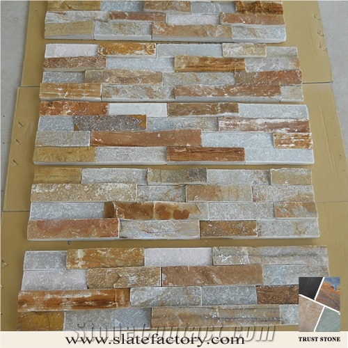 P014 Golden Beige Quartzite Cultured Stone Veneer Ledge Stone Walling Panel, Culture Stone Slate Veneer