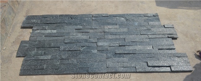6"X24" Night Glitter Interlocking Ledgerstone, Black Quartzite Cultured Stone