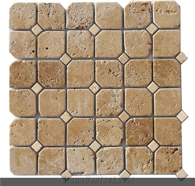 Manisa Noche Travertine Hexagon Mosaic, Brown Travertine