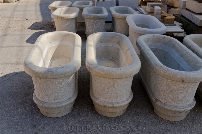 Garden Vase in Perlato Di Sicilia, Beige Limestone Flower Pot