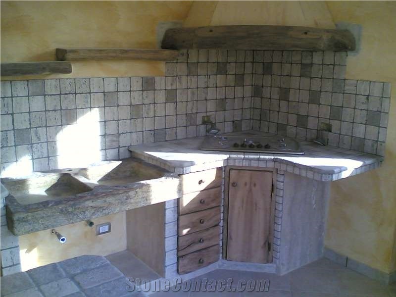 Rustic Kitchen Countertops in Travertino Romano Tu, Travertino Romano Classico Beige Travertine