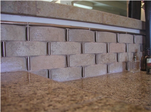 3D Roman Walnut Basketweave with Metal Inserts, Travertino Romano Noce Brown Travertine Mosaic