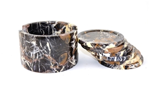 Michelangelo Round Coaster Holder with Six Coaster, Gold Black Marble Kitchen Accessories