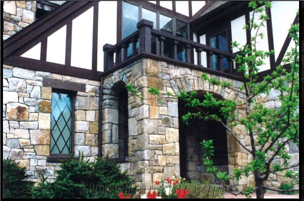 Exterior Charm with Stone Veneers, Beige Sandstone Veneers