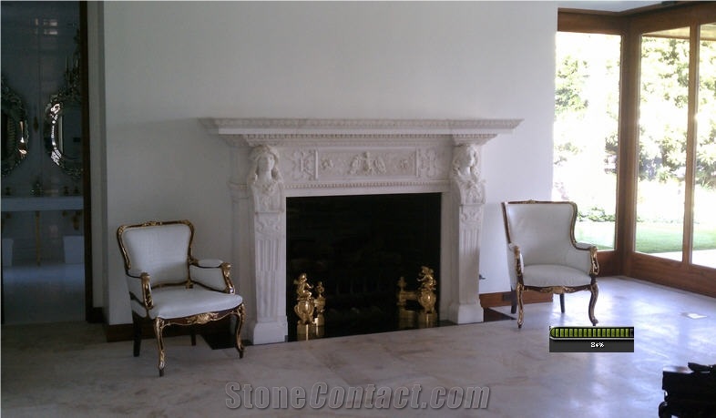Beige Limestone Fireplace